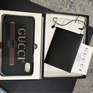 Gucci iPhone X Case Black Leather Web Stripe Authentic w/ Box